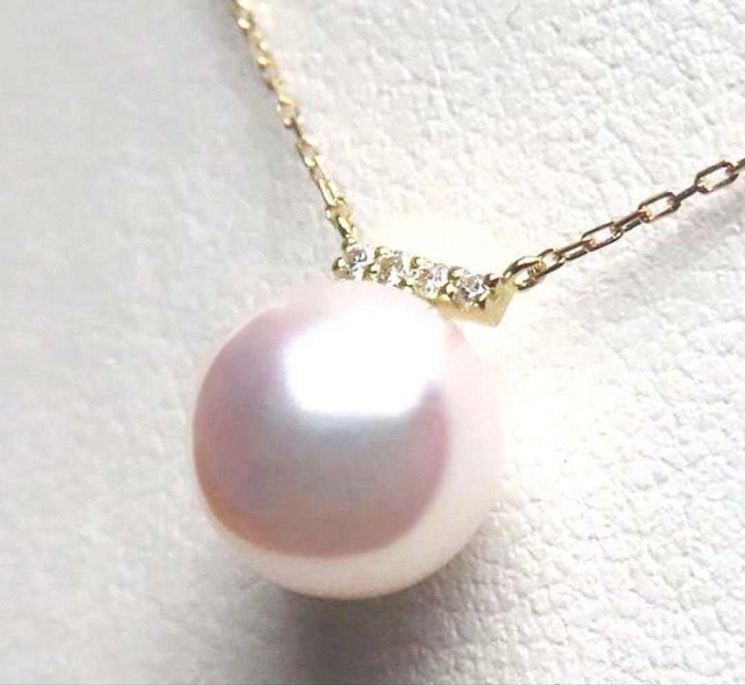 White pink 8.0mm Akoya pearl necklace with small diamond pendant set in K18 gold