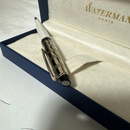 Waterman ballpoint pen in white and silver with a checkered cap and dedicated case