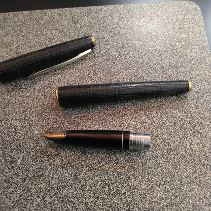 Pilot fountain pen with 18K gold fine nib and brown leather wrapped body on white background