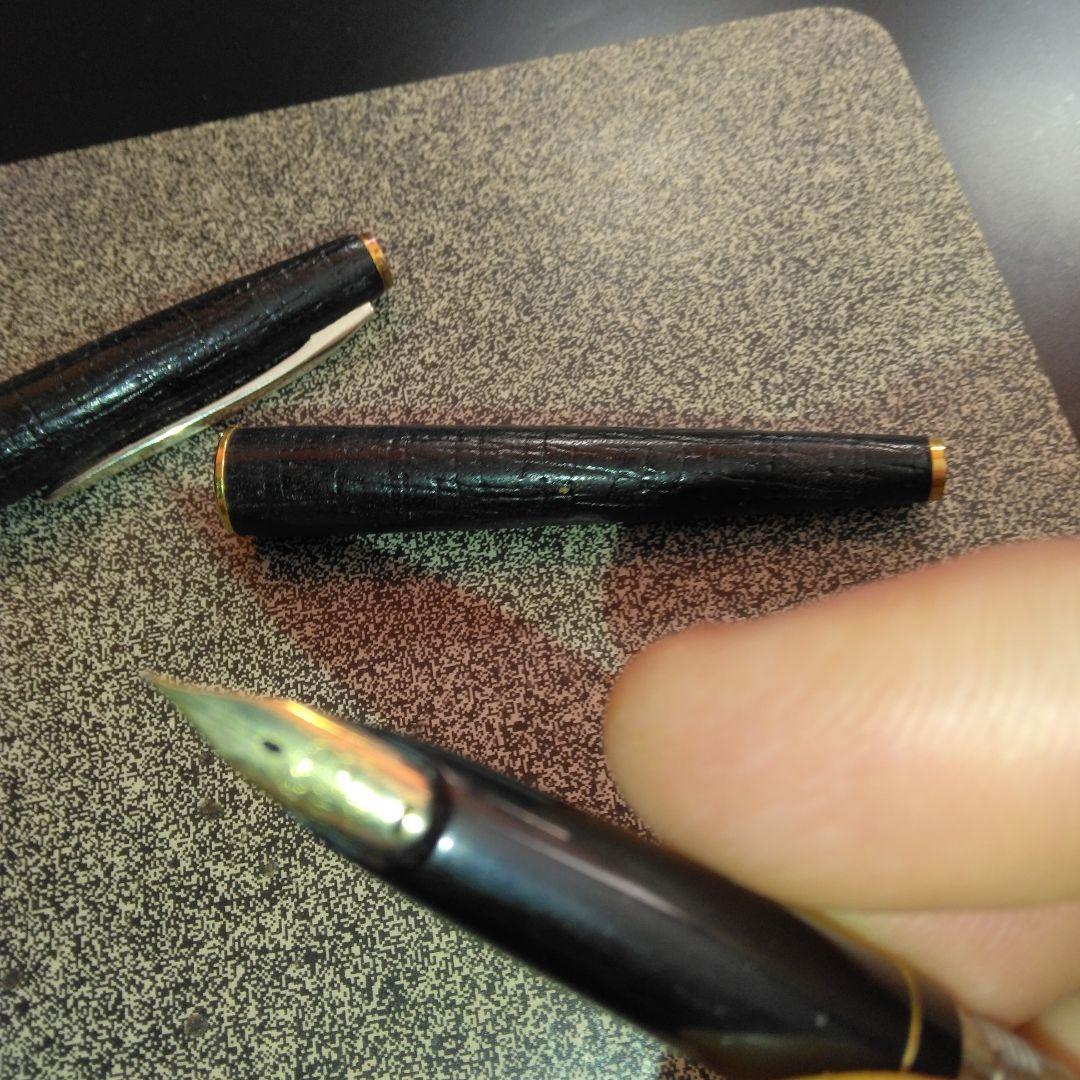 Pilot fountain pen with 18K gold fine nib and brown leather wrapped body on white background