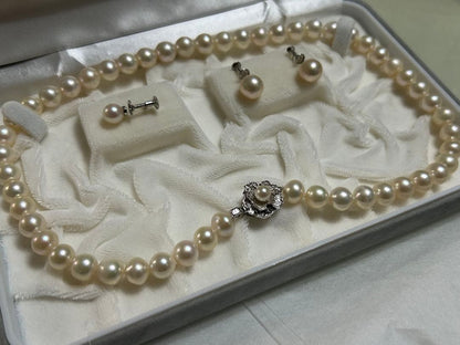 Akoya pearl necklace 8-8.5mm with K14WG earring set and silver single earring displayed on white background
