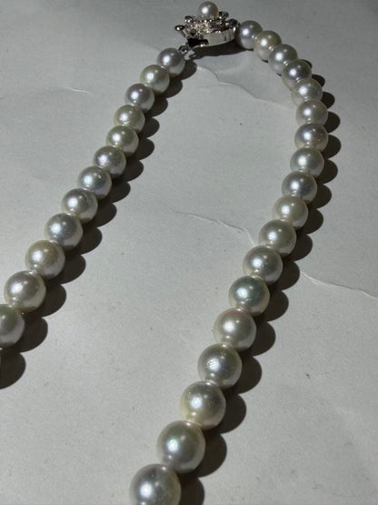 Akoya seawater pearl necklace with 7.5mm blue-gray pearls and silver color clasp