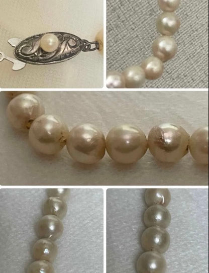 Vintage Akoya pearl necklace with 7.5mm semi-baroque cream-white pearls and silver clasp, 38cm length choker
