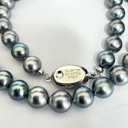 Akoya pearl necklace 42cm with natural white pearls and a silver clasp on white background