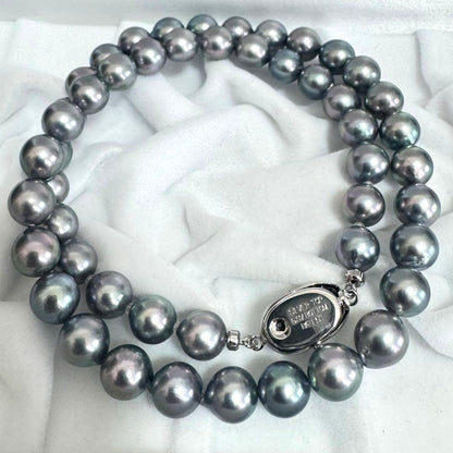 Akoya pearl necklace 42cm with natural white pearls and a silver clasp on white background