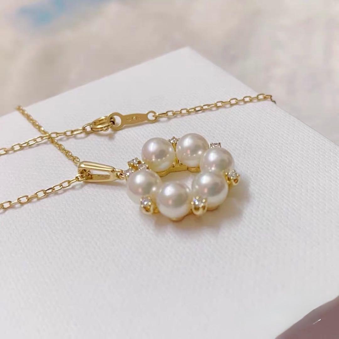 Mikimoto K18 yellow gold necklace with pearl and diamond circle motif design