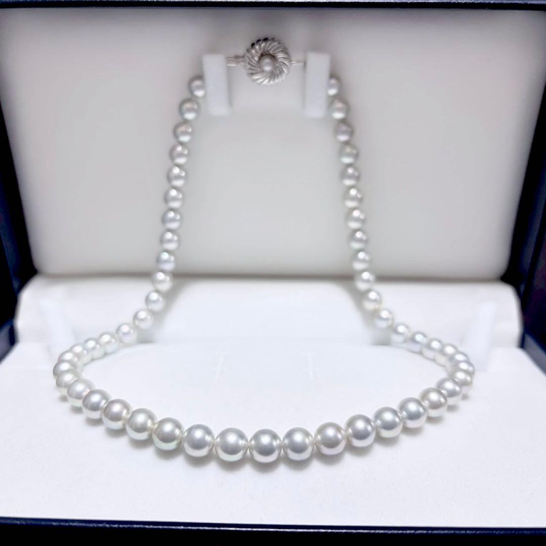 Akoya pearl necklace with 6.9-7.5mm light gray pearls and silver clasp on a white background
