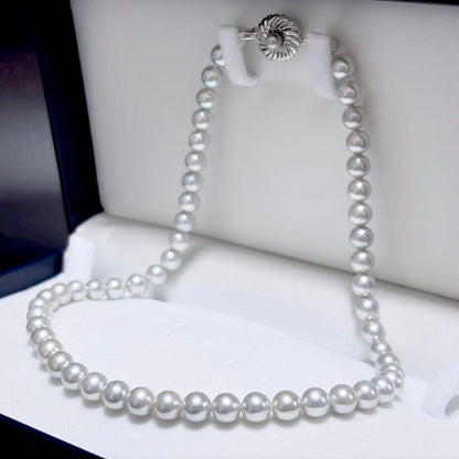 Akoya pearl necklace with 6.9-7.5mm light gray pearls and silver clasp on a white background