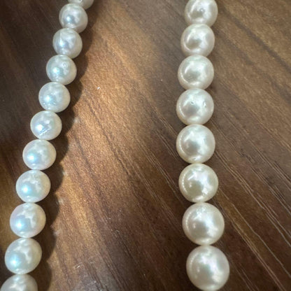PLUSTER Akoya cultured pearl necklace with 8-8.5mm pearls and matching K14 white gold earrings on white background