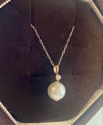 Agate K10 gold necklace with pearl and opal stones in yellow gold, 41 cm length