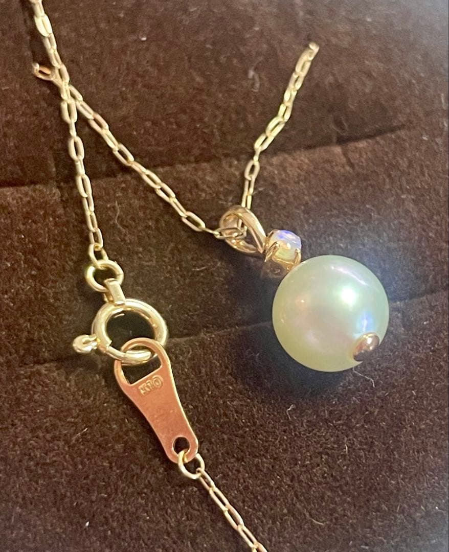 Agate K10 gold necklace with pearl and opal stones in yellow gold, 41 cm length