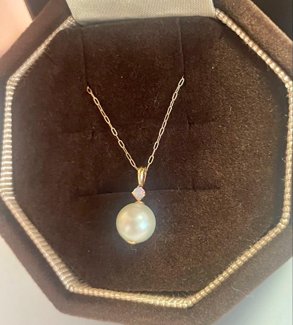 Agate K10 gold necklace with pearl and opal stones in yellow gold, 41 cm length