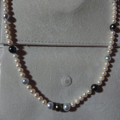 Large Akoya black and untoned pearl semi-long necklace measuring about 62cm with 8-9mm pearls