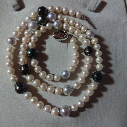 Large Akoya black and untoned pearl semi-long necklace measuring about 62cm with 8-9mm pearls
