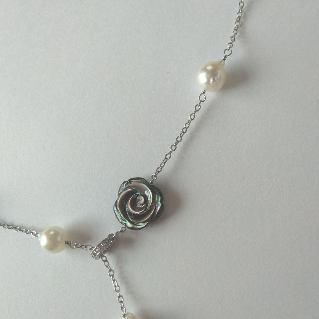 Uwa Island Akoya 8.5mm Rose Shell Station Y-Shaped Necklace with stainless steel chain and rose shell accents