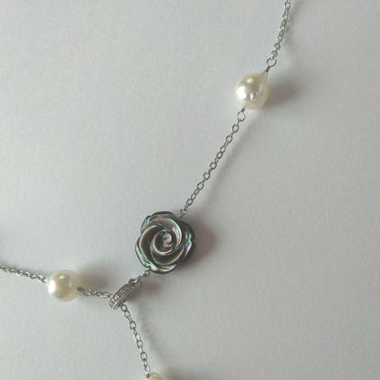 Uwa Island Akoya 8.5mm Rose Shell Station Y-Shaped Necklace with stainless steel chain and rose shell accents