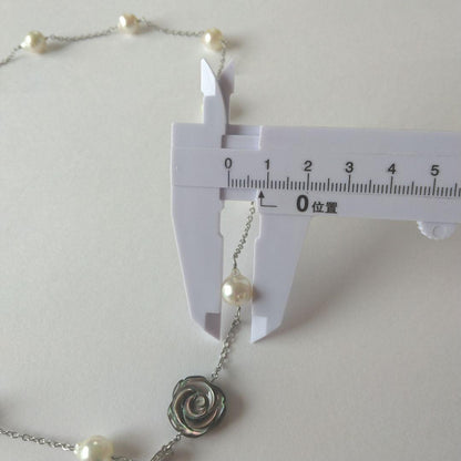 Uwa Island Akoya 8.5mm Rose Shell Station Y-Shaped Necklace with stainless steel chain and rose shell accents
