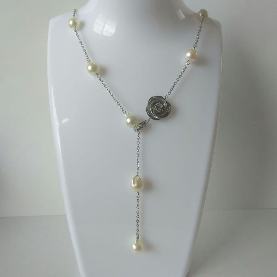 Uwa Island Akoya 8.5mm Rose Shell Station Y-Shaped Necklace with stainless steel chain and rose shell accents