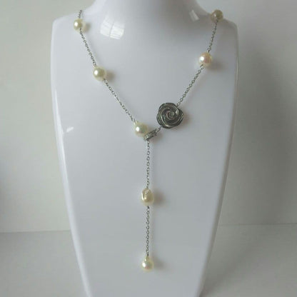 Uwa Island Akoya 8.5mm Rose Shell Station Y-Shaped Necklace with stainless steel chain and rose shell accents
