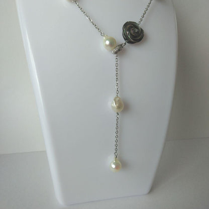 Uwa Island Akoya 8.5mm Rose Shell Station Y-Shaped Necklace with stainless steel chain and rose shell accents