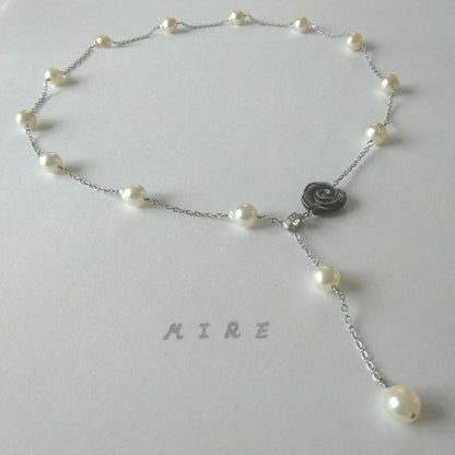 Uwa Island Akoya 8.5mm Rose Shell Station Y-Shaped Necklace with stainless steel chain and rose shell accents