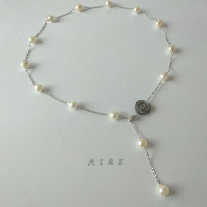 Uwa Island Akoya 8.5mm Rose Shell Station Y-Shaped Necklace with stainless steel chain and rose shell accents