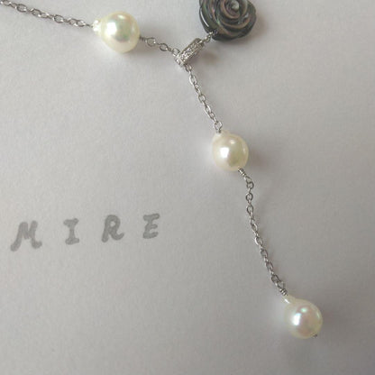 Uwa Island Akoya 8.5mm Rose Shell Station Y-Shaped Necklace with stainless steel chain and rose shell accents