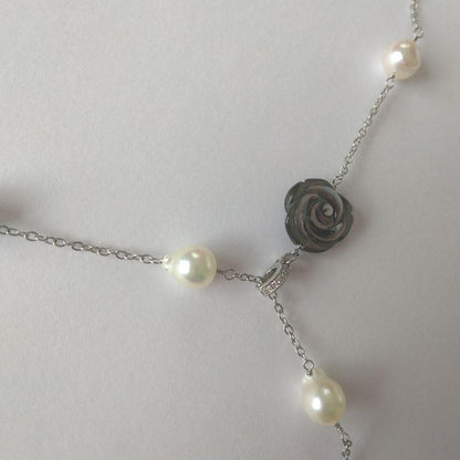Uwa Island Akoya 8.5mm Rose Shell Station Y-Shaped Necklace with stainless steel chain and rose shell accents