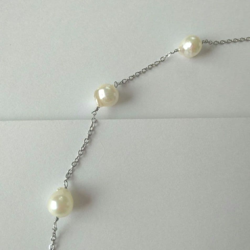 Uwa Island Akoya 8.5mm Rose Shell Station Y-Shaped Necklace with stainless steel chain and rose shell accents