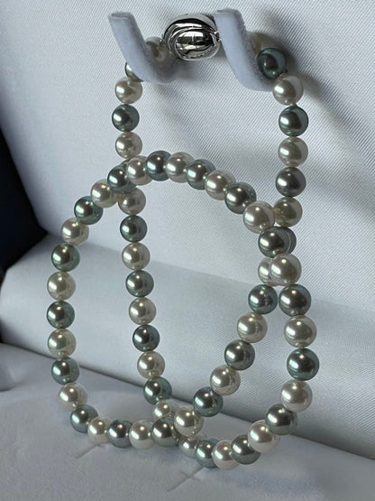 Akoya pearl necklace with bicolor blue and white pearls sized 6-6.5mm, approximately 42cm long