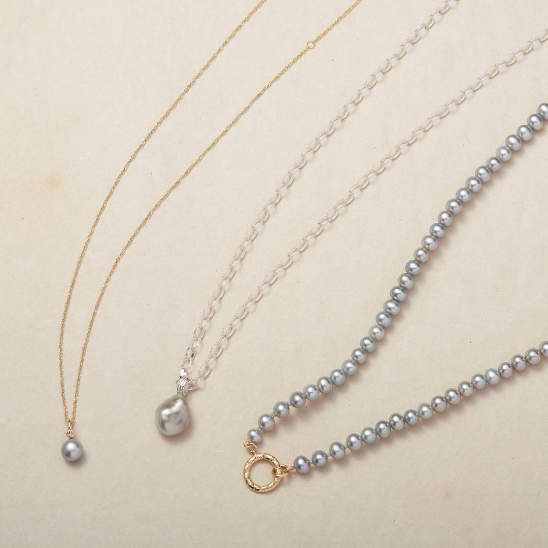 Agete 2023 Autumn BIOLOGY silver necklace with natural gray South Sea pearl featuring unique irregular shape