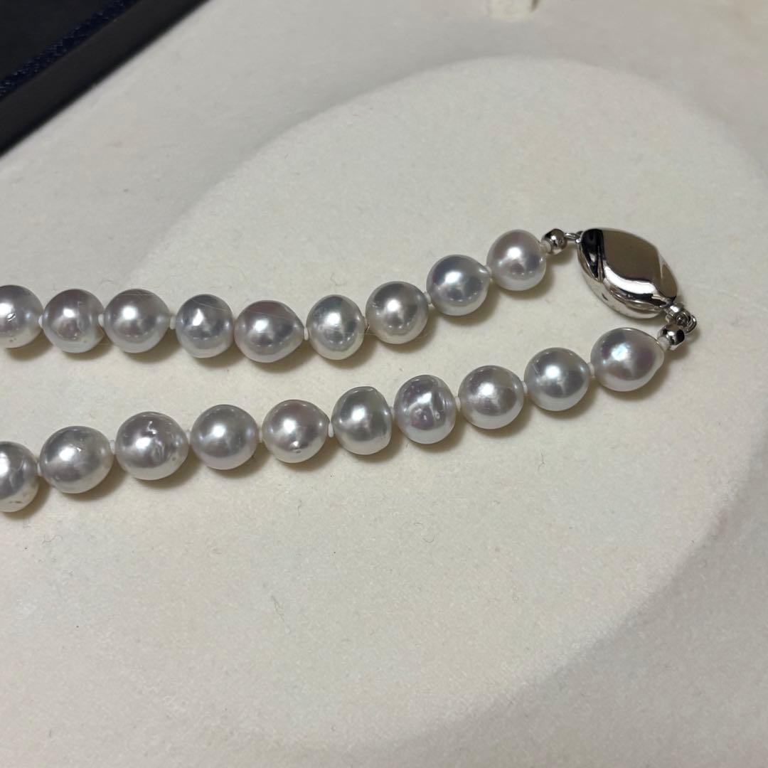 Akoya pearl necklace measuring 43.5 cm with round 8.0-8.5 mm white pearls on a white background