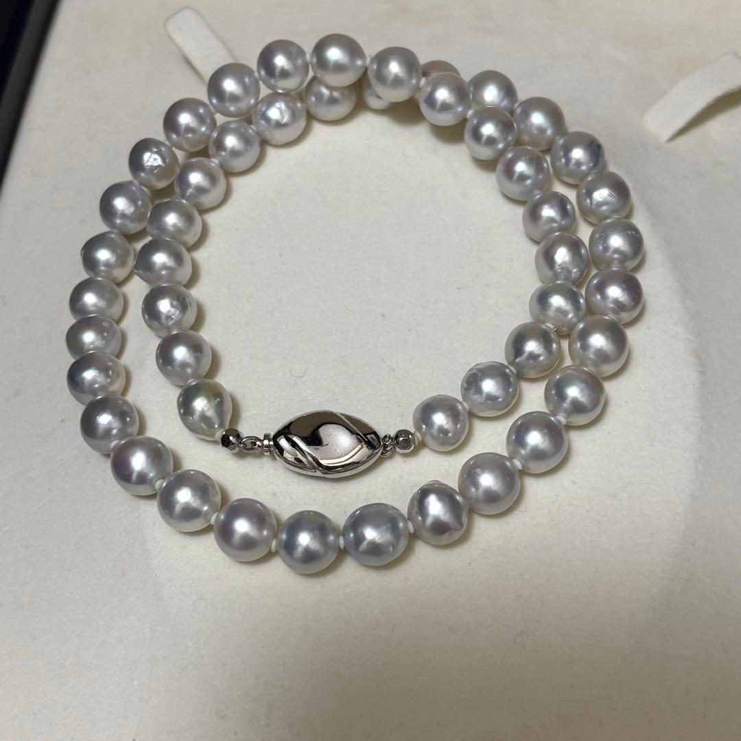 Akoya pearl necklace measuring 43.5 cm with round 8.0-8.5 mm white pearls on a white background