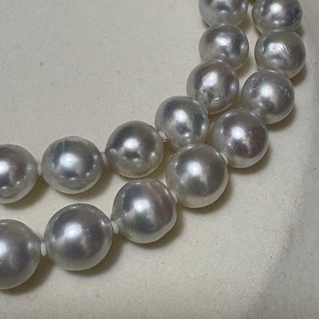 Akoya pearl necklace measuring 43.5 cm with round 8.0-8.5 mm white pearls on a white background