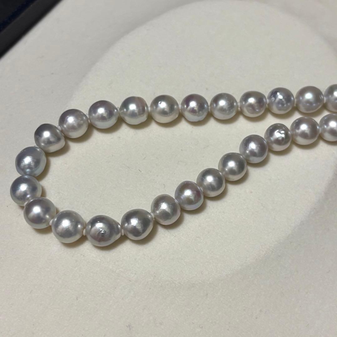 Akoya pearl necklace measuring 43.5 cm with round 8.0-8.5 mm white pearls on a white background