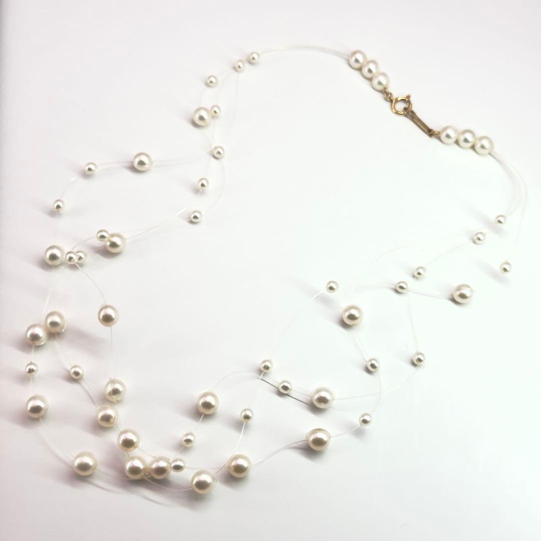 Tasaki K18 pearl necklace triple strand wire design 40cm length with pearls 3.0-5.2mm and box