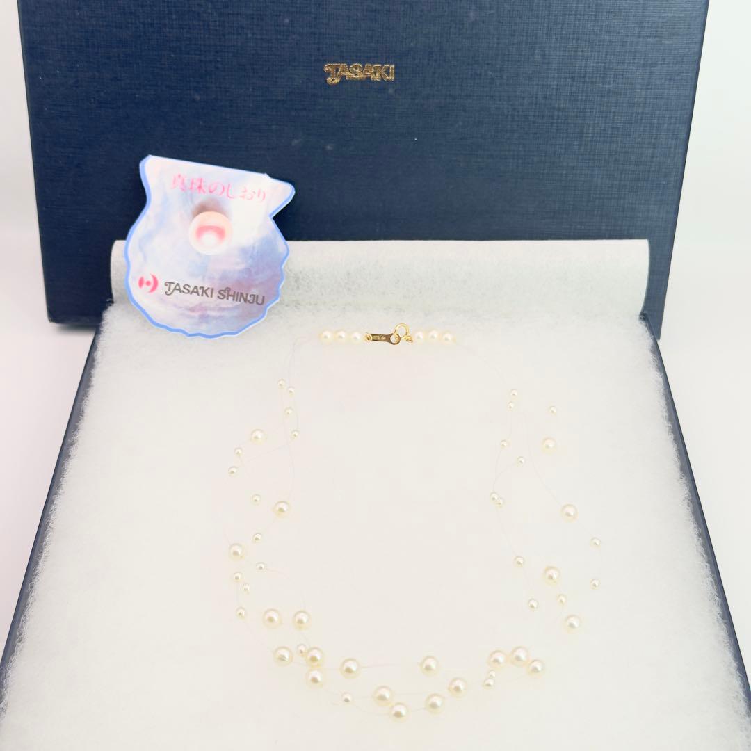 Tasaki K18 pearl necklace triple strand wire design 40cm length with pearls 3.0-5.2mm and box