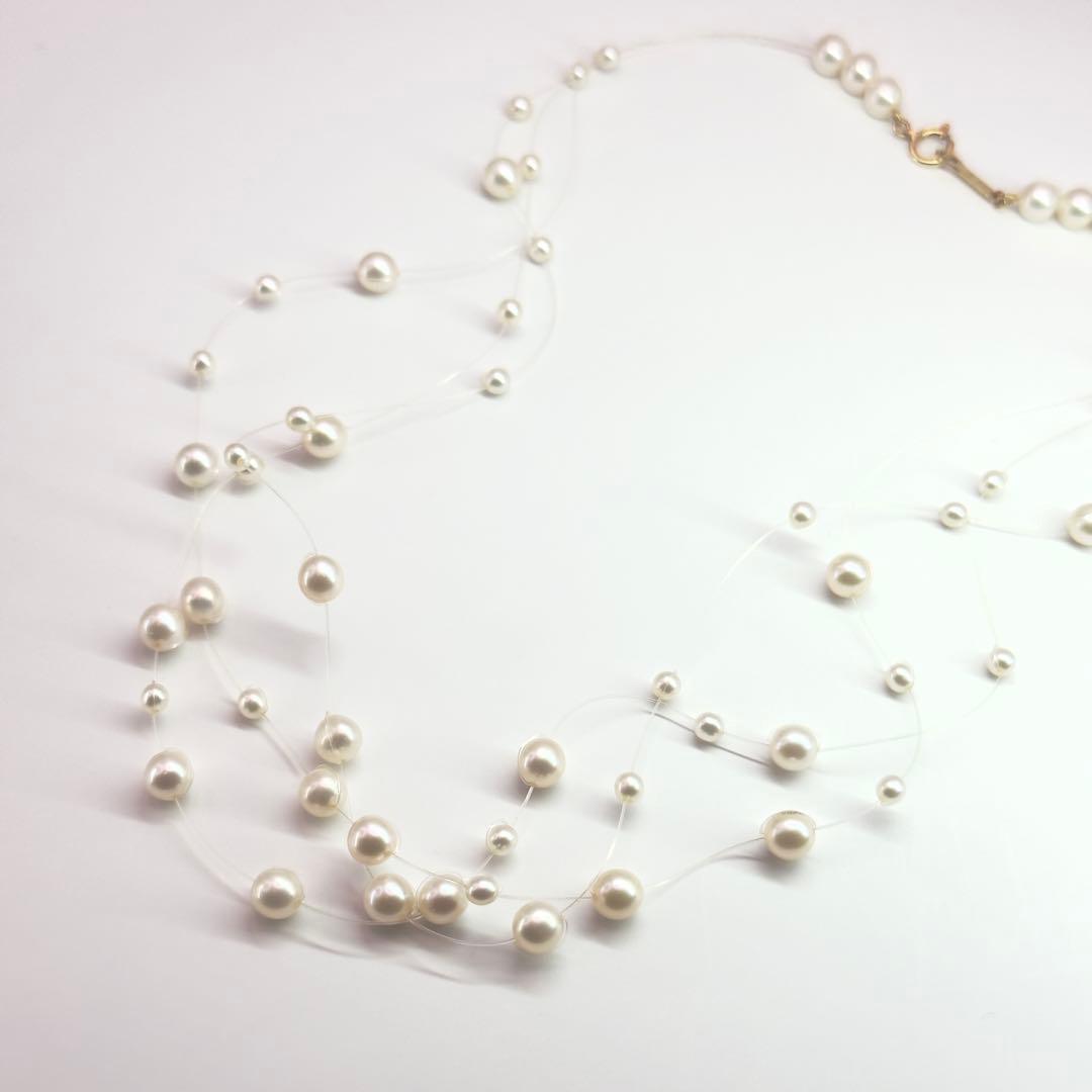 Tasaki K18 pearl necklace triple strand wire design 40cm length with pearls 3.0-5.2mm and box