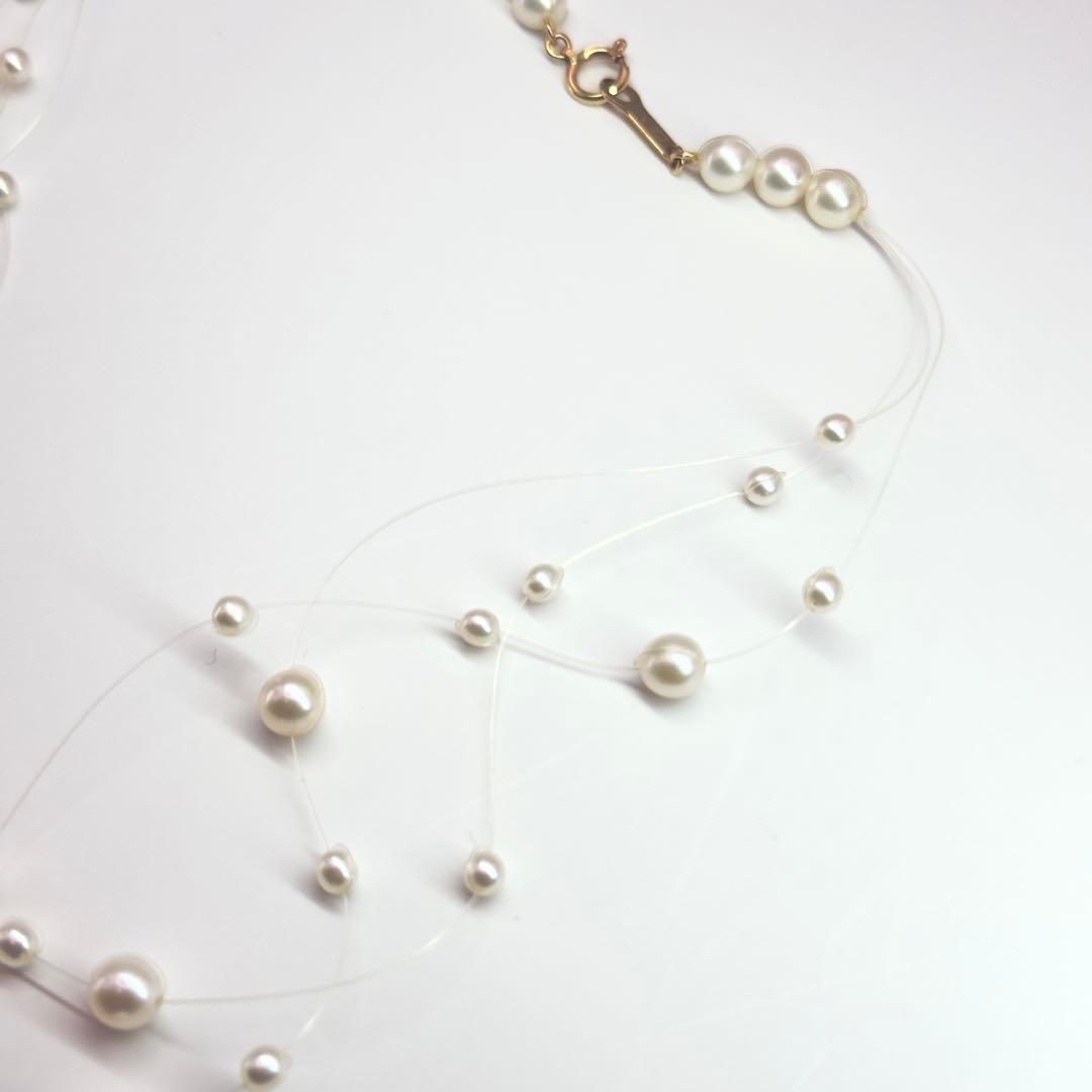 Tasaki K18 pearl necklace triple strand wire design 40cm length with pearls 3.0-5.2mm and box