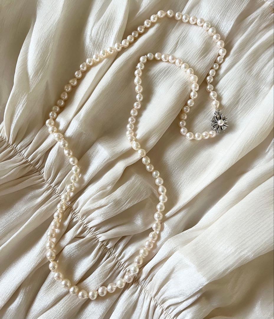 Akoya Pearl Long Necklace with off white 6.5-7.0 mm pearls and silver clasp on 82.5 cm chain