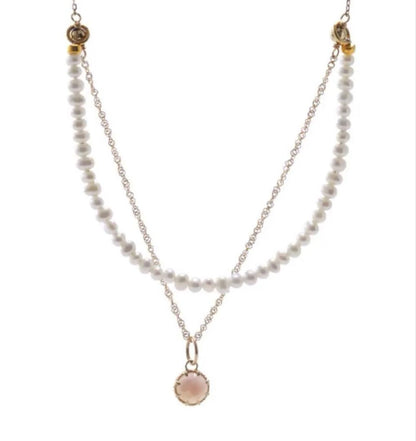 Agete Limited Edition K10 necklace bracelet charm with rose quartz front and white shell back on 40 cm adjustable chain