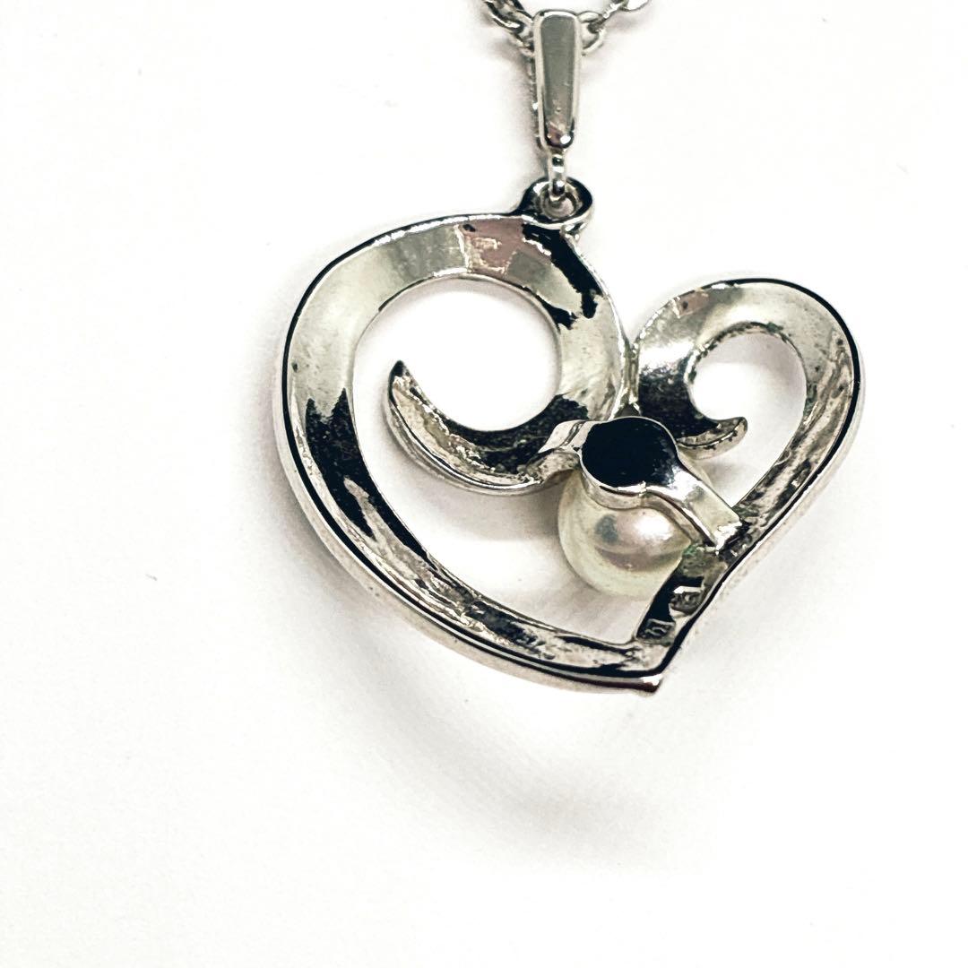 Mikimoto Heart Motif Necklace featuring silver heart pendant and 5mm pearl on a 40cm chain