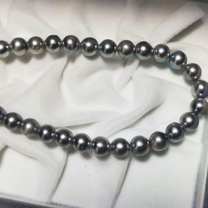 Akoya genuine pearl necklace with 7.5mm blue gray pearls and silver markings
