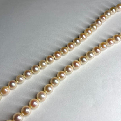 Teriyaki Akoya pearl necklace with cream white 7.5-8.0mm pearls and silver clasp on white background
