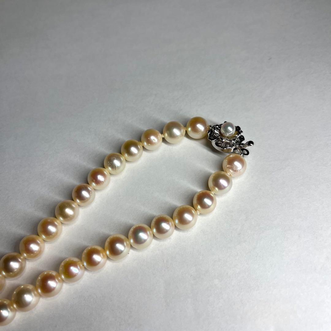 Teriyaki Akoya pearl necklace with cream white 7.5-8.0mm pearls and silver clasp on white background