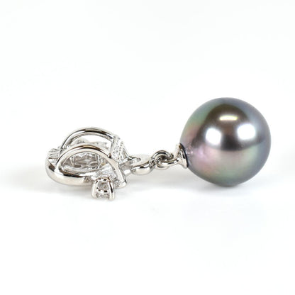 Tasaki necklace with one 9.3mm black pearl and six diamonds on white gold platinum chain