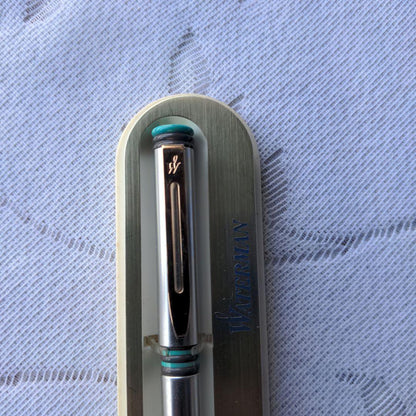 Retro WATERMAN ballpoint pen with 14cm length displayed alongside its vintage case