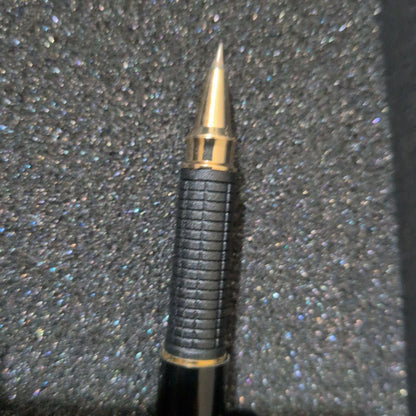 Rare K-BOS Pilot black resin ballpoint pen with gold parts and textured grip, vintage 1980s classic design