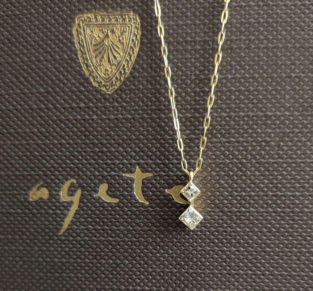 Agete K18 princess cut diamond necklace with 0.15ct diamonds on a 44cm gold chain