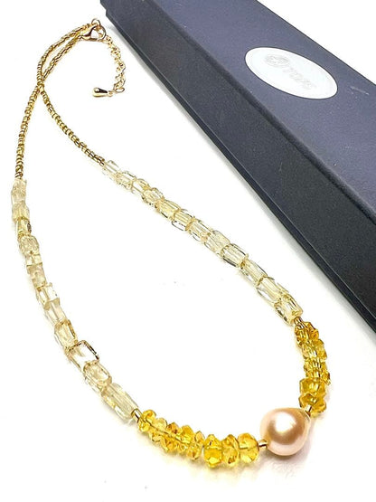Akoya pearl and citrine necklace with gold color Venetian glass parts and adjustable length